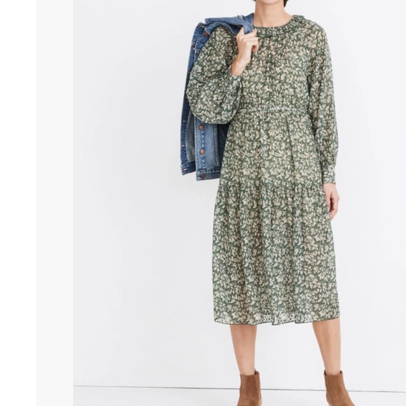 Madewell Ruffle-Neck Tiered Midi Dress in Forest Leaves - Picture 1 of 10